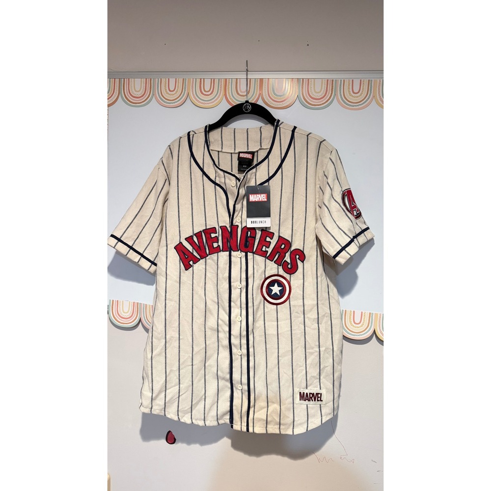 Marvel Avengers Steve Rogers 41 Baseball Jersey BoxLunch Cream Pinstripe XS NWT